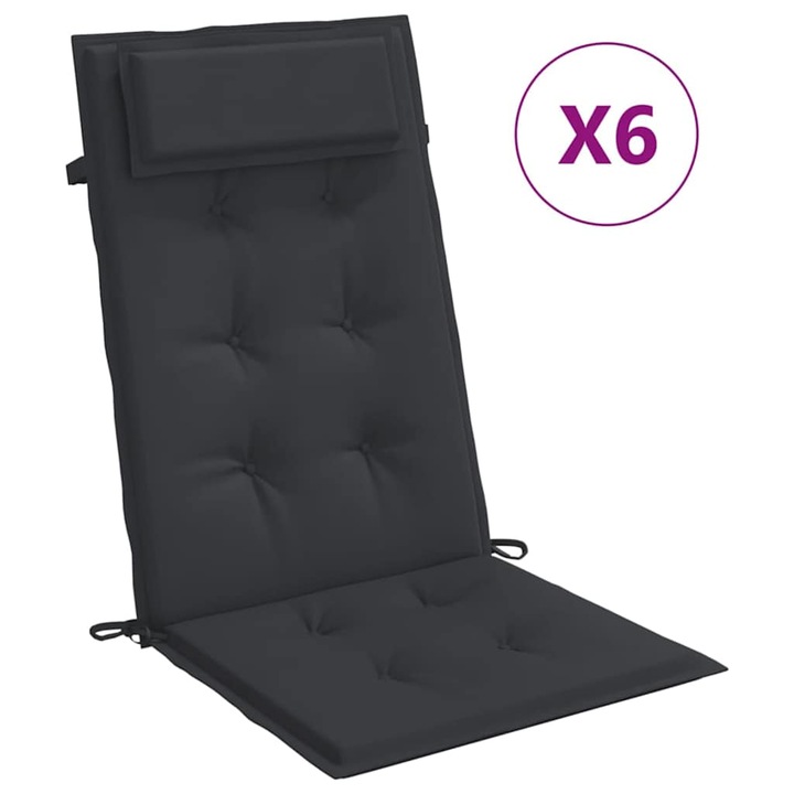 Set perne de scaun cu spatar inalt vidaXL, 6 buc, negru, tesatura Oxford, 120 x 50 x 3 cm, 3.2 Kg