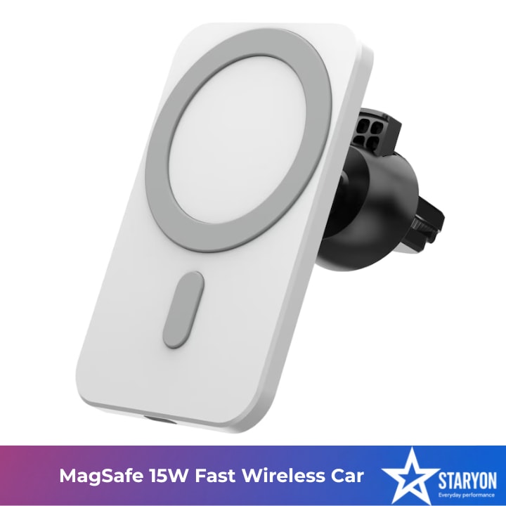 Incarcator auto wireless magnetic MagSafe, 15W Qi Fast Charging, Rotire 360 grade, compatibil cu modele iPhone 15, iPhone 14, iPhone 13, iPhone 12, Staryon®, Alb