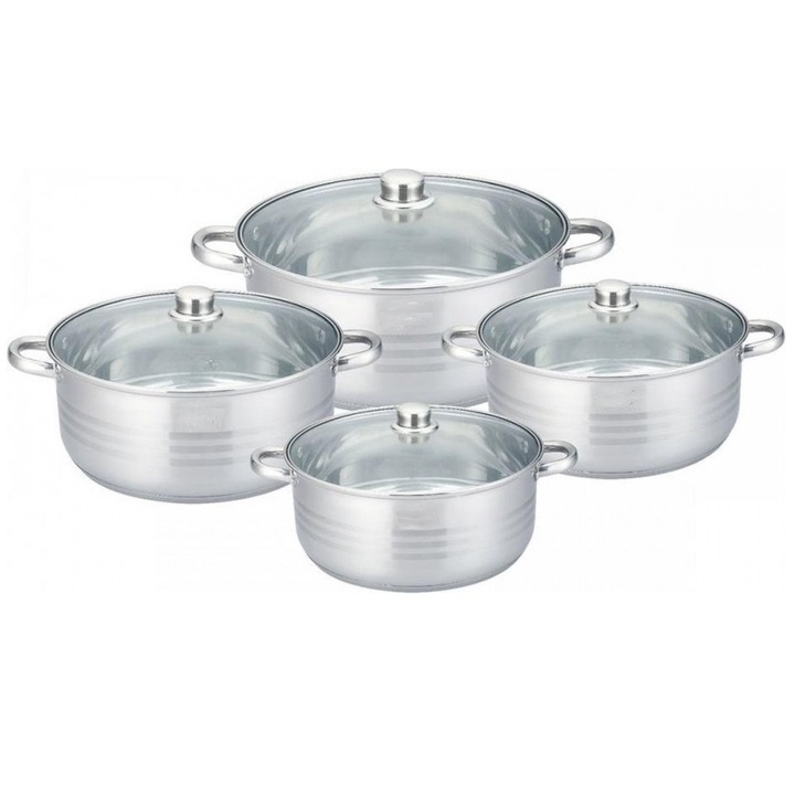 BL-1463 8 részes főzőedény készlet hőálló üveg fedőkkel - 3.4L, 4.5L, 6L, 7.5L lábasokkal - indukciós lapon, gáztűzhelyen és elektromos tűzhelyen is használható (BBA)