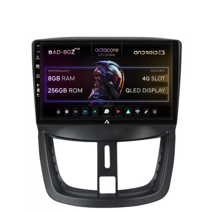 Navigatie Peugeot 207, Android, Octacore, 8GB RAM + 256GB ROM, Ecran QLED 9 Inch, CarPlay, Android Auto, WiFi, 4G, Autodrop
