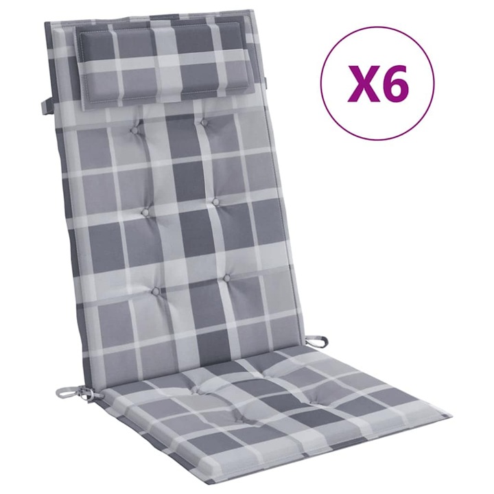 Set perne scaun spatar inalt 6 buc vidaXL, gri carouri, tesatura Oxford, 120 x 50 x 3 cm, 3.2 Kg
