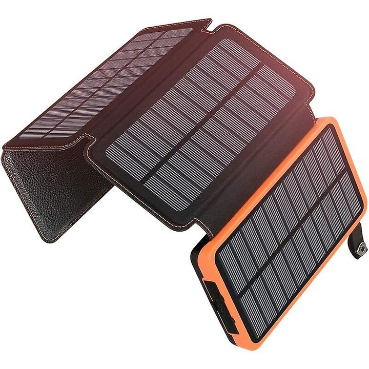 Külső hordozható napelemes akkumulátor 20 000 mAh, 4 panel, vízálló, LED zseblámpa, narancs