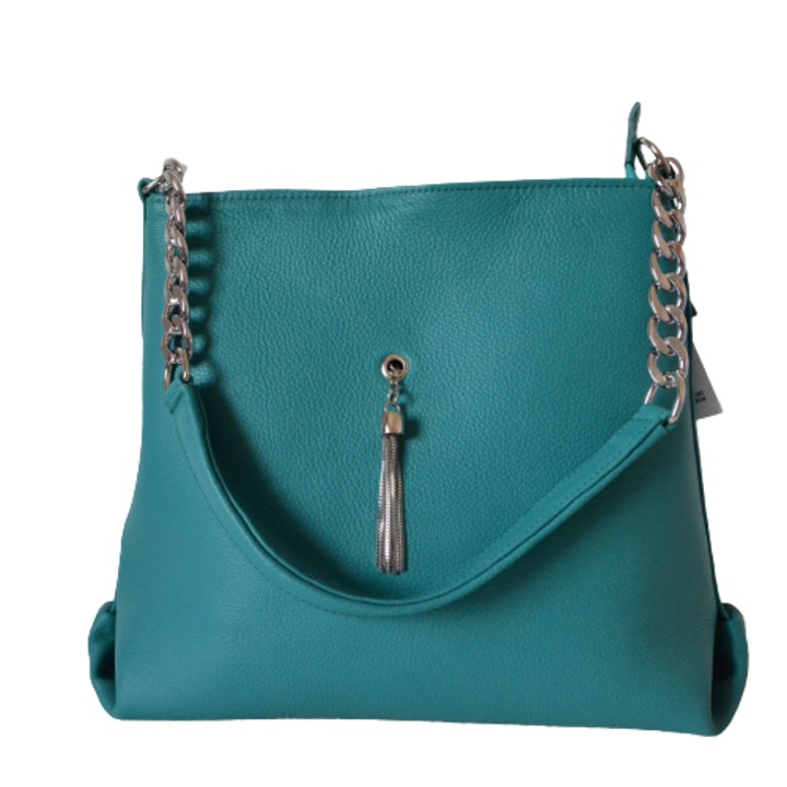 Női táska, Zea, alkalmi, türkizzöld, 30x8x25 cm, természetes bőr, fémes bojtdíszítés, cipzárral zárható