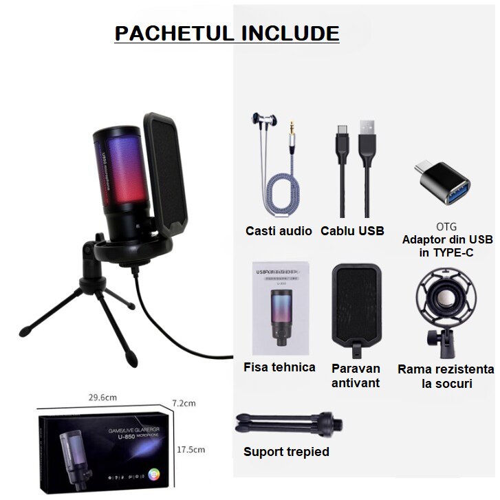 Microfonul Microfon Gaming/Streaming/Podcasting RGR U-850, Profesional, Pro-Studio ...