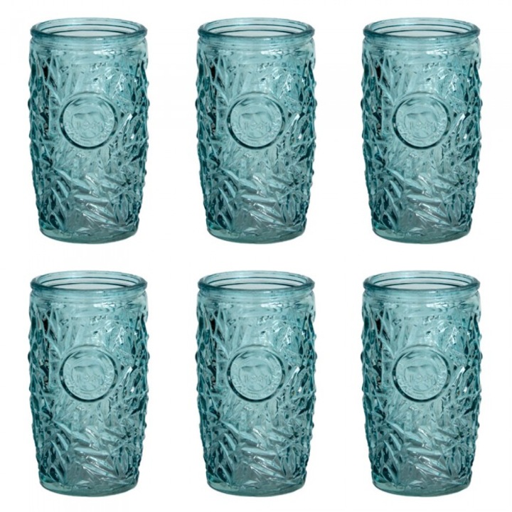 Set 6 pahare long drink RAKI ALOHA BLUE, din sticla, 400ml, pentru cocktail
