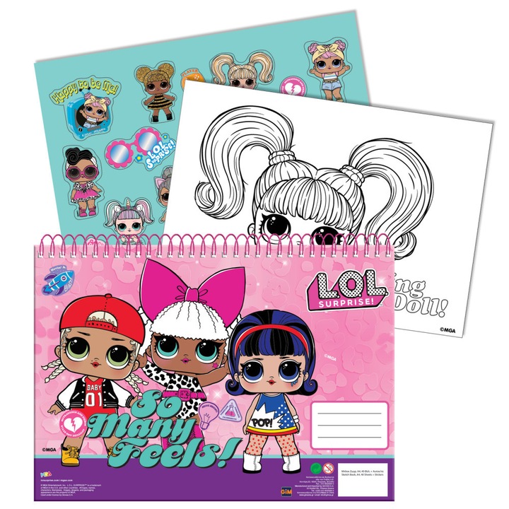 Bloc de desen A4 spirala, LOL Surprise Many Feels, 40 foi si stickere Roz