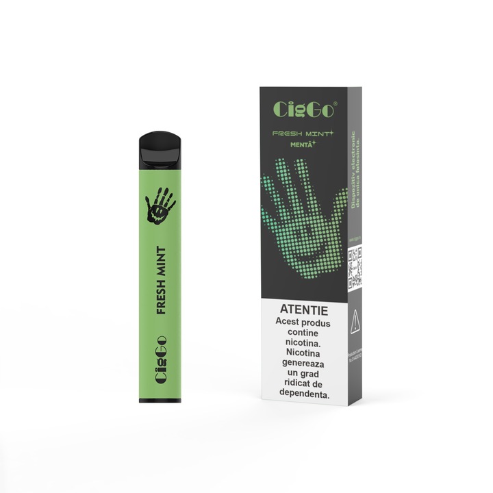 Kit Tigara Electronica CIGGO J12- 600 - Menta, Dispozitiv de unica folosinta, 2ml, 2% NicSalt, autonomie 600 pufuri