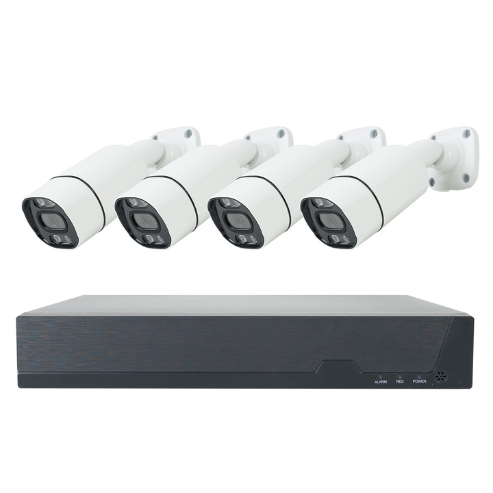 Комплект за видео наблюдение PNI House IPMAX POE 8, NVR с 4 порта POE, ONVIF и 4 камери с IP 8MP, Екстериор, Power over Ethernet, Откриване на движение, IP66