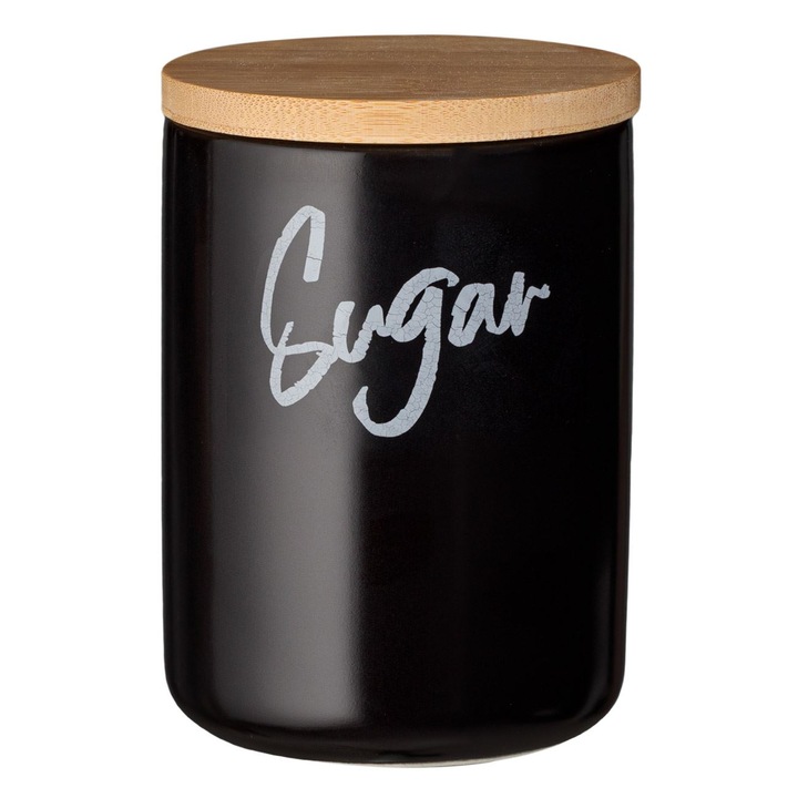 Borcan pentru zahar ceramic de culoare neagra Shopiens®, cu capac de bambus si inel de silicon, 800 ml