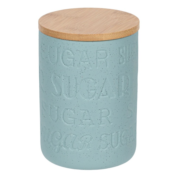 Borcan ceramic pentru zahar Shopiens®, albastru mat cu capac de bambus si inel de silicon, 650 ml