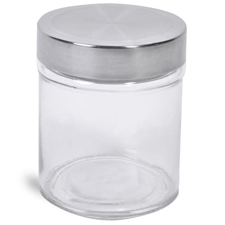 Üvegtartály, szürke fém tetővel, átlátszó, 300ml