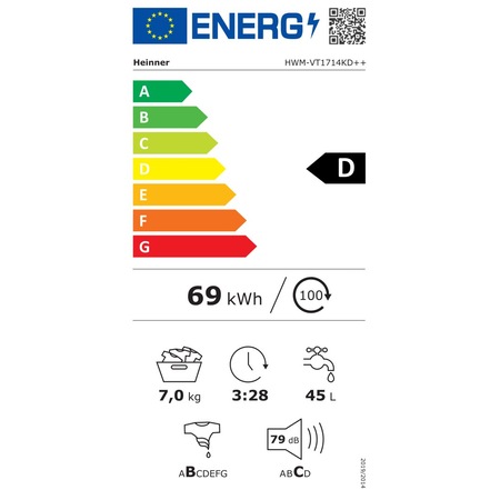 Пералня Heinner HWM-VT1714KD++, 7 кг, 1400 об./мин, Бял