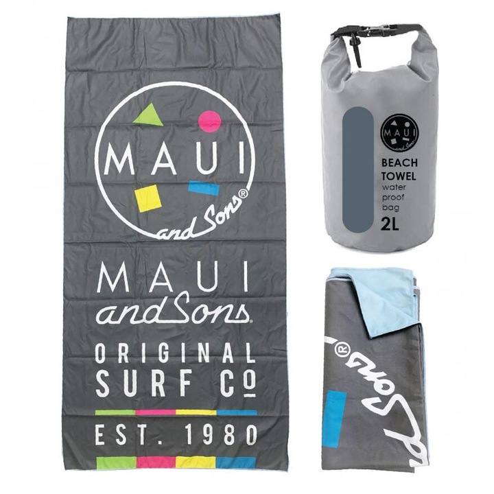 Микрофибърна плажна кърпа Maui&Sons, с водоустойчива чанта за носене, Сива, 90 x 180 см