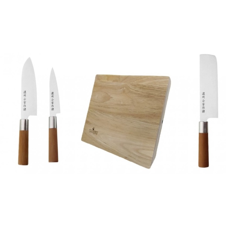 Set de 3 cutite cu bloc magnetic, Satake Masamune, Otel/Lemn, 56-58 HRC