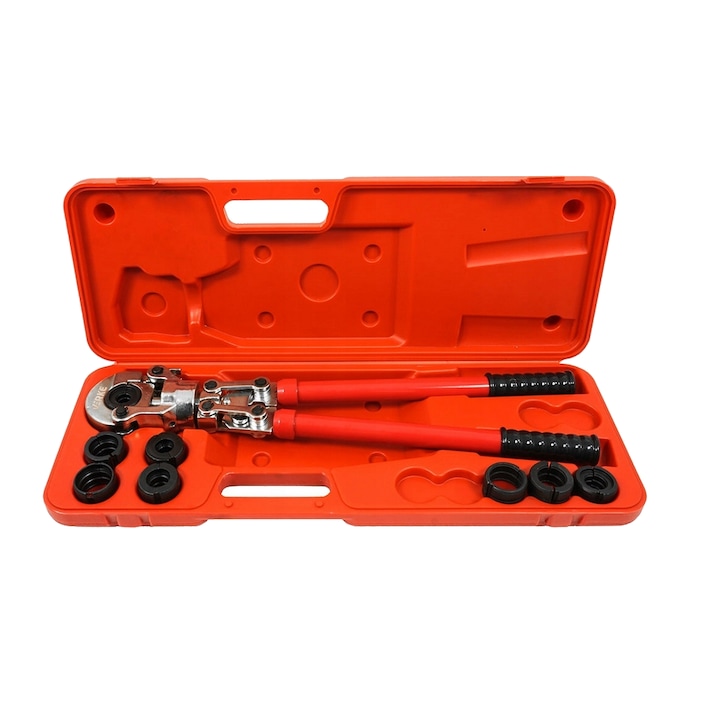 Cleste hidraulic VERKE pentru sertizarea tevilor PEX tip U și TH, set de 8 matrițe, 16x32mm, manere telescopice