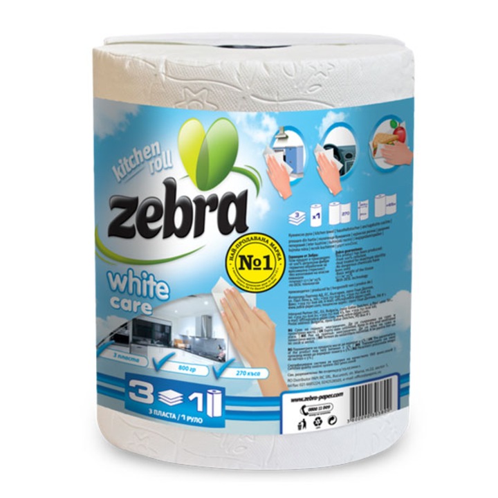 Rola prosop hartie Zebra White, 3 straturi,26 cm/23cm, 800gr