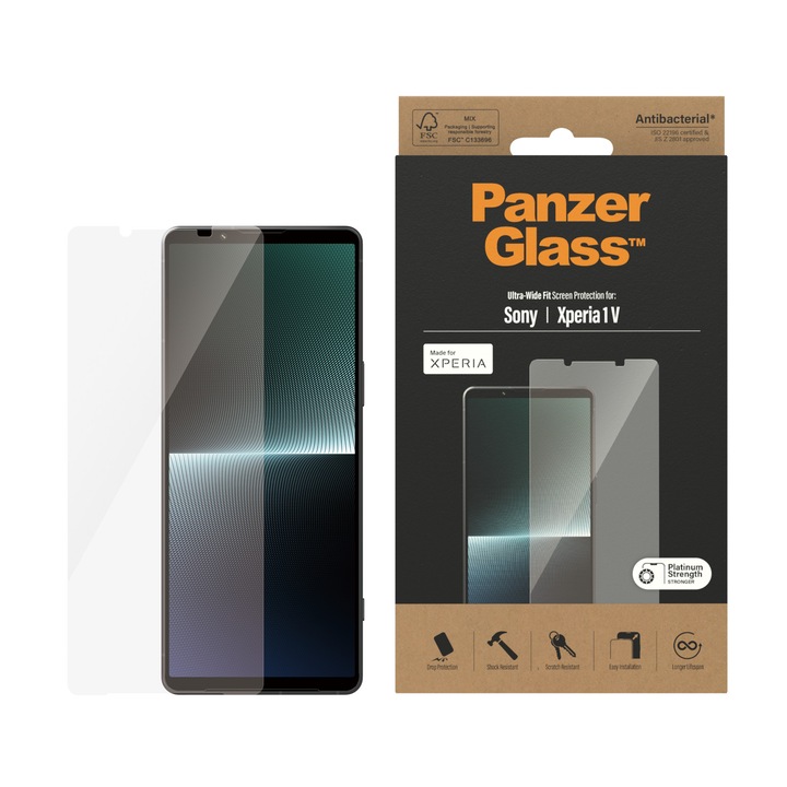 Стъклен протектор PanzerGlass за Sony Xperia 1 V, AntiBacterial, UWF, Черно