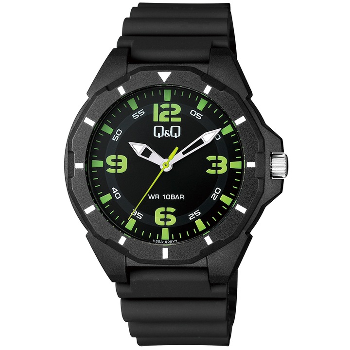 Q&Q férfi karóra, quartz, fekete színű műanyag tok, fekete színű számlap, fekete színű műanyag szíj, V30A-005VY