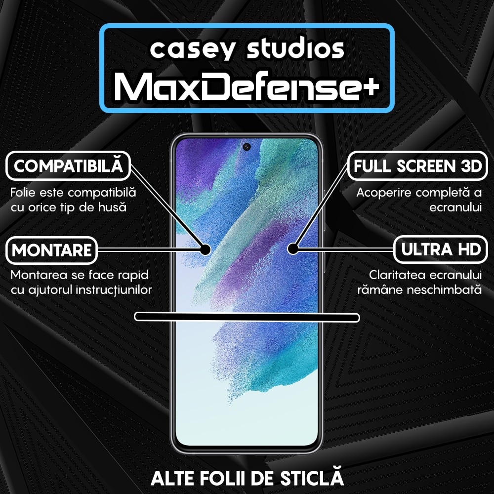 Folie Sticla CASEY STUDIOS™ pentru Samsung Galaxy S21 FE 5G, Full Cover 3D, Full Glue, Duritate Militara, Ultra HD, Protectie Profesionala Ecran 3D, Anti Zgarieturi, Anti Socuri, Margini Negre