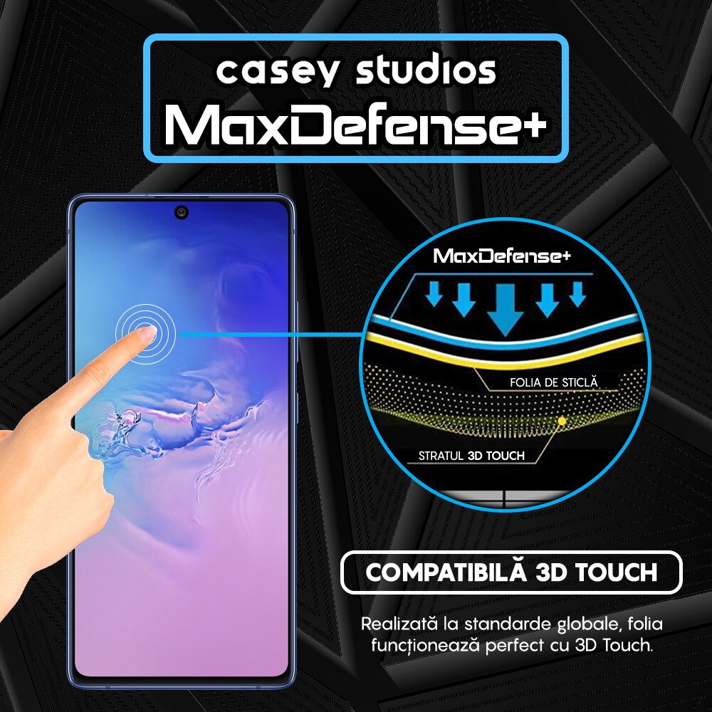 Folie Sticla CASEY STUDIOS™ compatibila cu Samsung Galaxy S10 LITE, Full Cover 3D, Full Glue, Duritate Militara, Ultra HD, Protectie Profesionala Ecran 3D, Anti Zgarieturi, Anti Socuri, Margini Negre