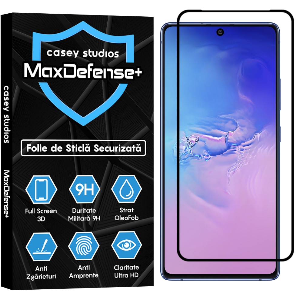 Folie Sticla CASEY STUDIOS™ compatibila cu Samsung Galaxy S10 LITE, Full Cover 3D, Full Glue, Duritate Militara, Ultra HD, Protectie Profesionala Ecran 3D, Anti Zgarieturi, Anti Socuri, Margini Negre