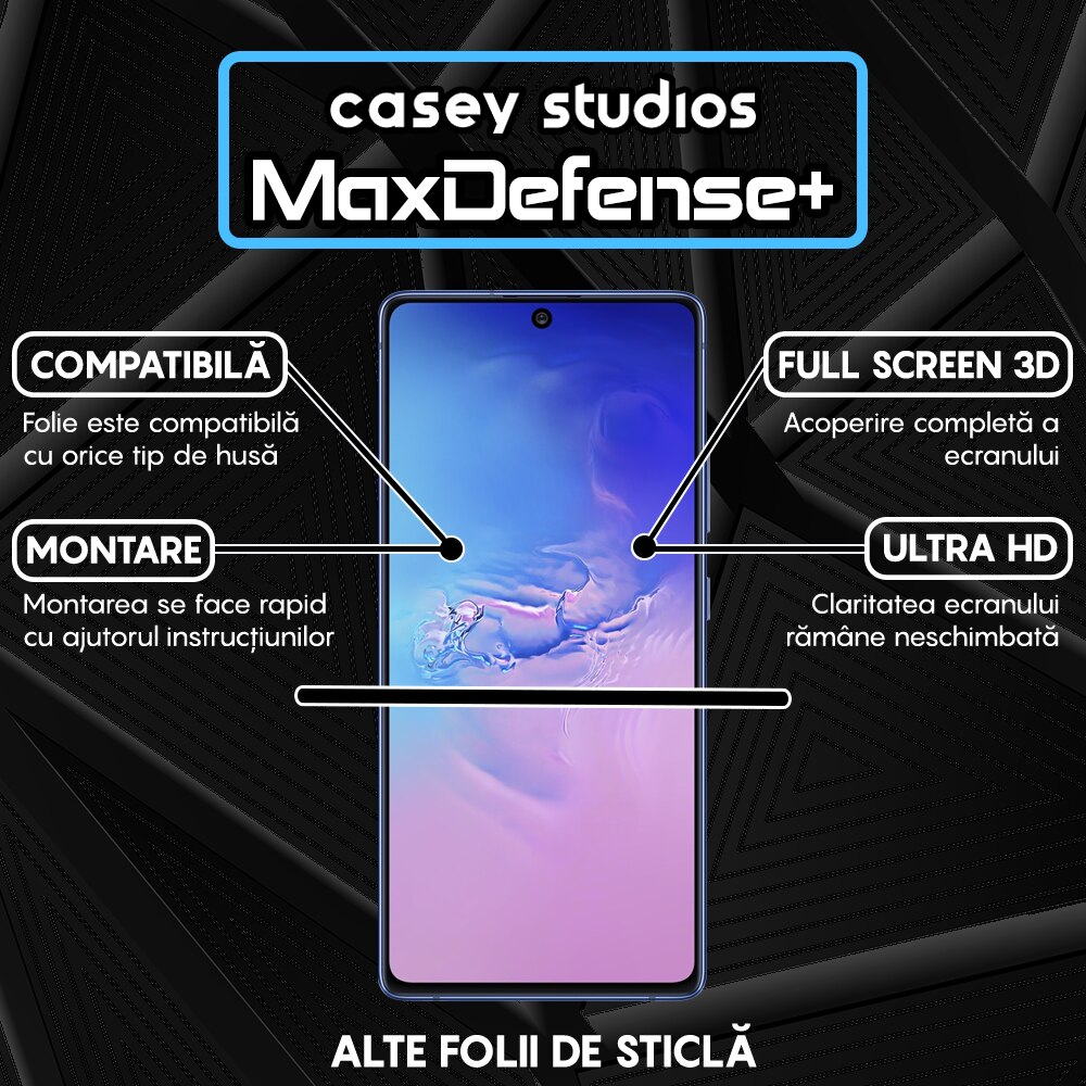 Folie Sticla CASEY STUDIOS™ compatibila cu Samsung Galaxy S10 LITE, Full Cover 3D, Full Glue, Duritate Militara, Ultra HD, Protectie Profesionala Ecran 3D, Anti Zgarieturi, Anti Socuri, Margini Negre