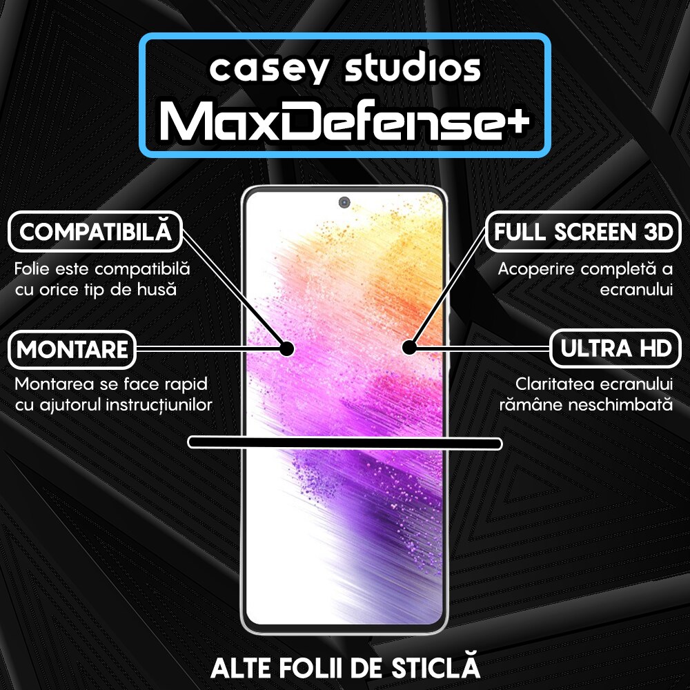 Folie Sticla CASEY STUDIOS™ compatibila cu Samsung Galaxy A73 5G, Full Cover 3D, Full Glue, Duritate Militara, Ultra HD, Protectie Profesionala Ecran 3D, Anti Zgarieturi, Anti Socuri, Margini Negre