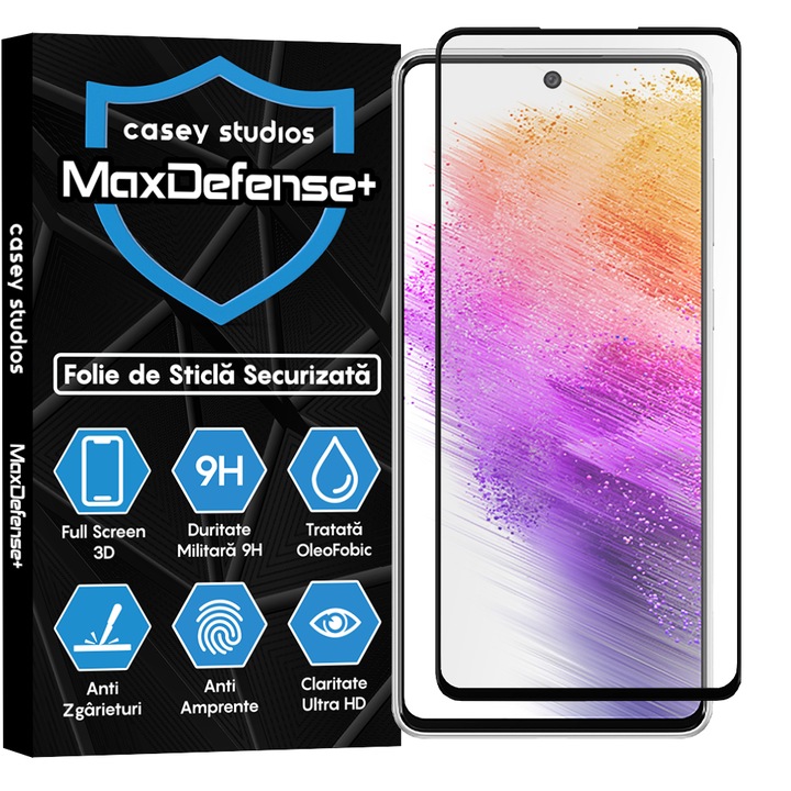 Протектор CASEY STUDIOS за Samsung Galaxy A73 5G, пълно лепило, военна твърдост, Ultra HD, професионална 3D защита на екрана, против надраскване, против удар, черни ръбове