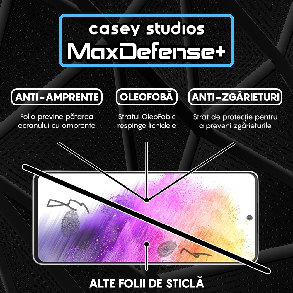Folie Sticla CASEY STUDIOS™ compatibila cu Samsung Galaxy A73 5G, Full Cover 3D, Full Glue, Duritate Militara, Ultra HD, Protectie Profesionala Ecran 3D, Anti Zgarieturi, Anti Socuri, Margini Negre
