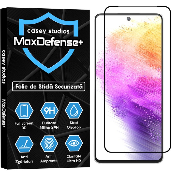 Folie Sticla CASEY STUDIOS™ compatibila cu Samsung Galaxy A73 5G, Full Cover 3D, Full Glue, Duritate Militara, Ultra HD, Protectie Profesionala Ecran 3D, Anti Zgarieturi, Anti Socuri, Margini Negre
