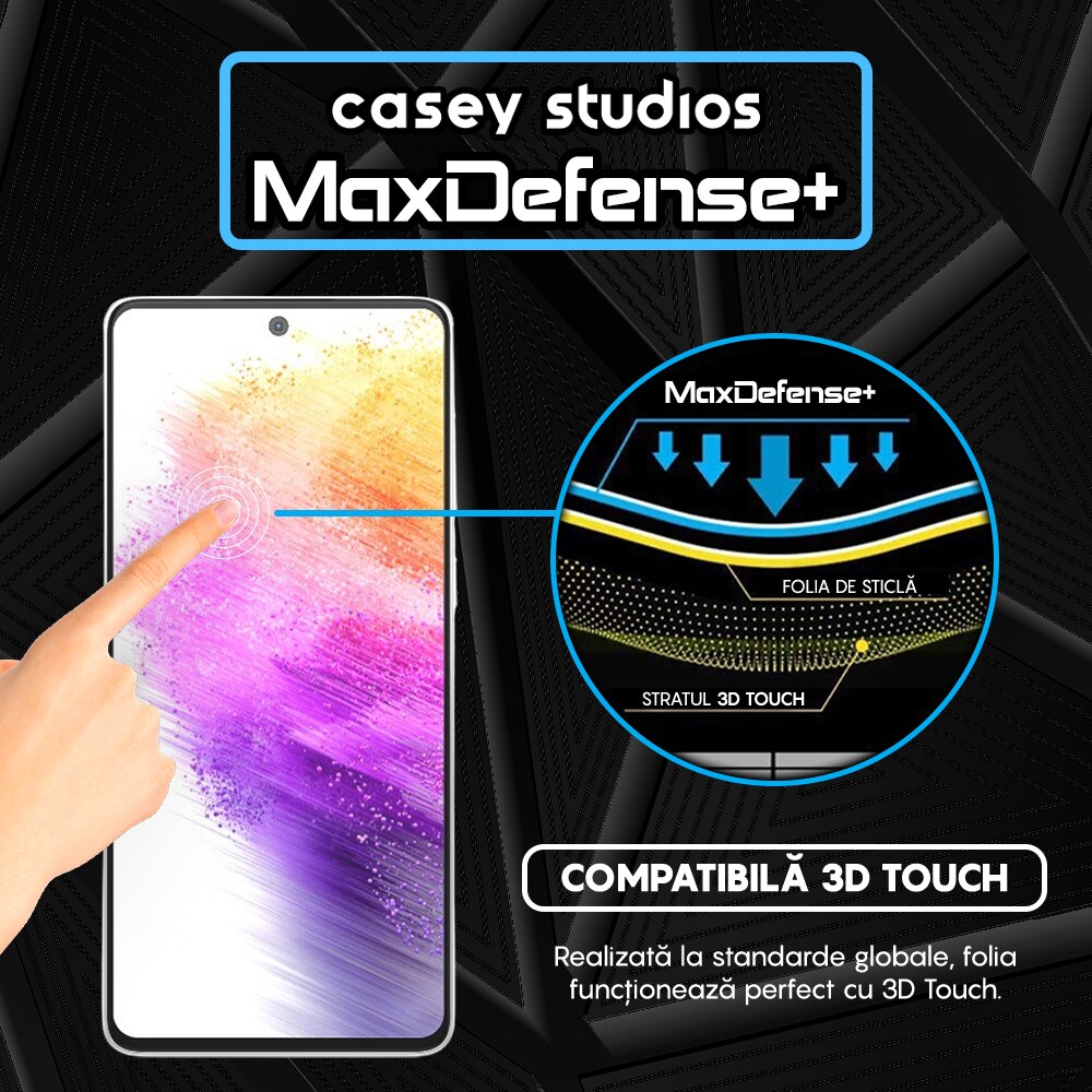 Folie Sticla CASEY STUDIOS™ compatibila cu Samsung Galaxy A73 5G, Full Cover 3D, Full Glue, Duritate Militara, Ultra HD, Protectie Profesionala Ecran 3D, Anti Zgarieturi, Anti Socuri, Margini Negre