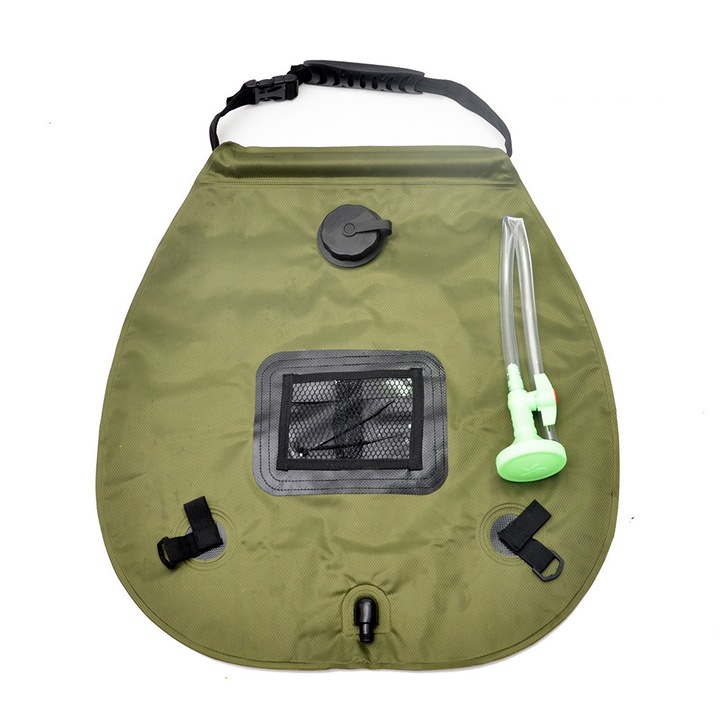 Geanta de dus cu incalzire solara, sundiguer, 20L, Portabila, Cap de pulverizare mare, 50/47cm, Cu termometru, Inchidere etansa, Maner pentru agatat, Material PVC, Verde