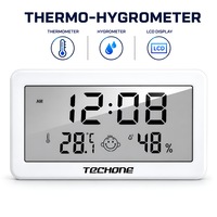 Termometru si higrometru de camera Techone® CX-1206, indicator comfort, citire 10s, afisare ceas si data, umiditate, gama profesionala, alarma, suport agatare sau stand, compact, alb