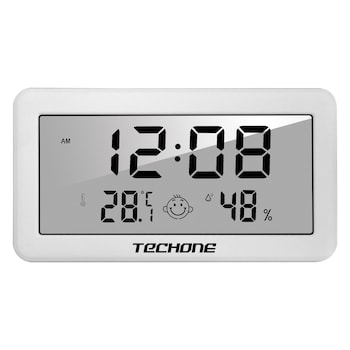 Termometru si higrometru de camera Techone® CX-1206, indicator comfort, citire 10s, afisare ceas si data, umiditate, gama profesionala, alarma, suport agatare sau stand, compact, alb