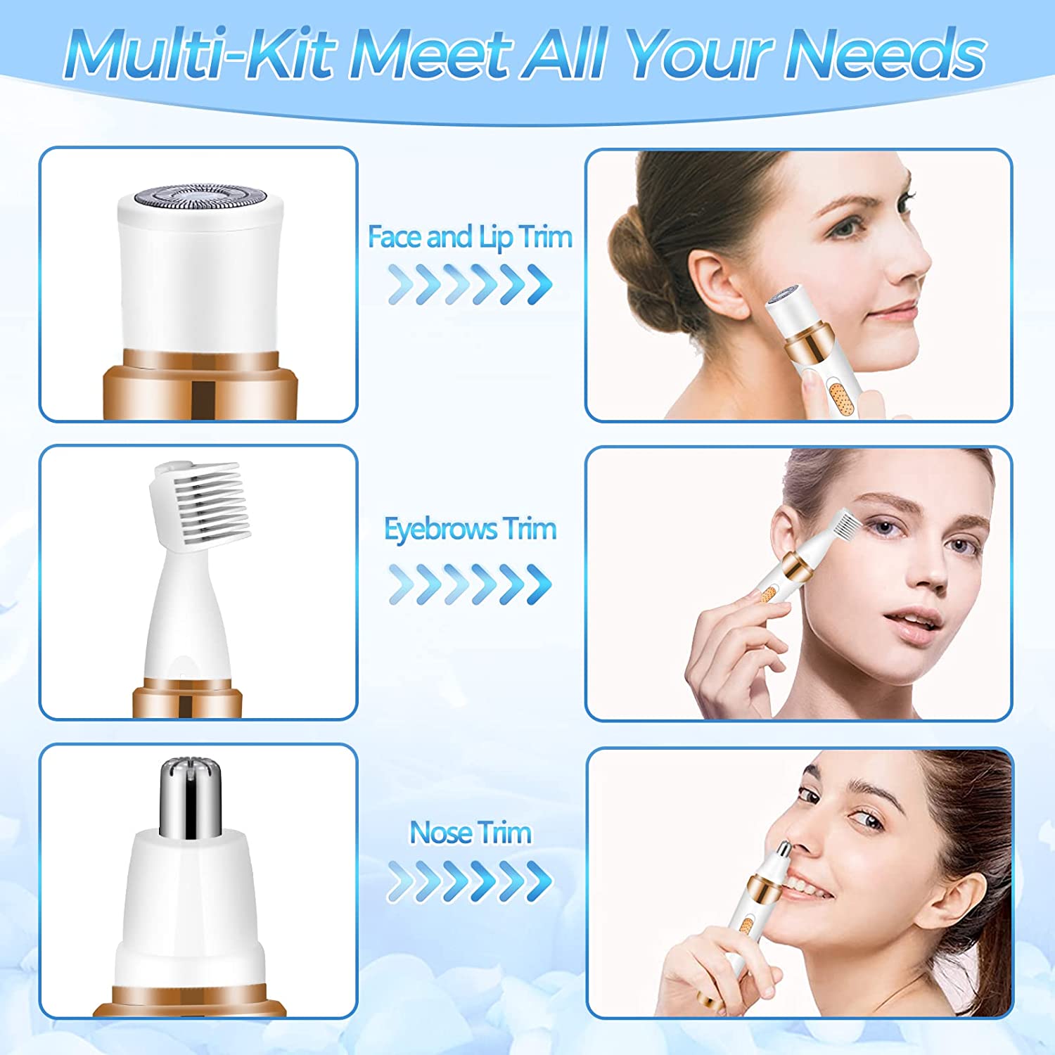 Epilator Facial, 4in1, MOSMAOO®, Wet & Dry, Trimmer, Incarcare USB, Alb