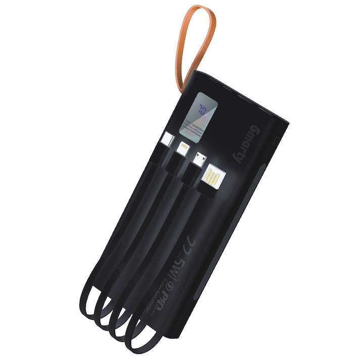 Acumulator si baterie externa Smarty® S510 Vision, Tehnologie High Speed PD 22.5W, Powerbank 10000 mAh, Display Digital, iluminare LED, 4 cabluri incorporate, Negru