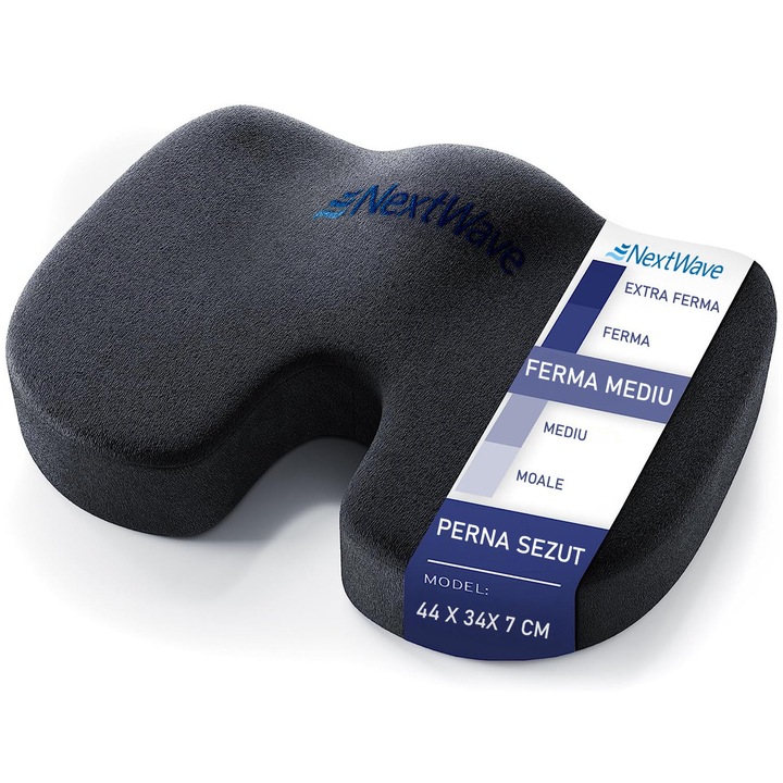 Perna ortopedica sezut NextWave®️, din spuma cu memorie, Coccis, pentru scaun de birou sau masina, husa detasabile, respirabila si antialunecare, protectie zona Lombara, Sciatica, Dureri de sold, Hemoroizi, Negru