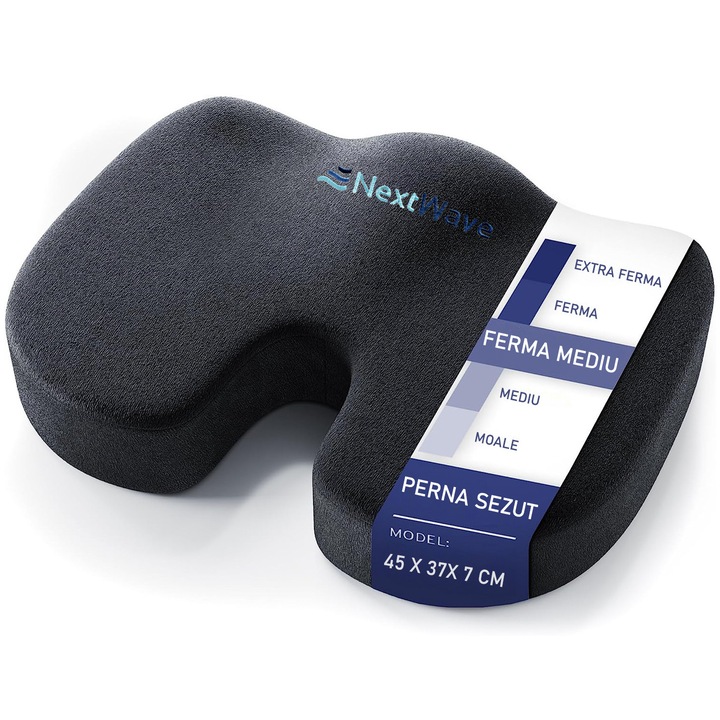 Perna ortopedica sezut NextWave®️, din spuma cu memorie, Coccis, pentru scaun de birou sau masina, husa detasabile, respirabila si antialunecare, protectie zona Lombara, Sciatica, Dureri de sold, Hemoroizi, Negru