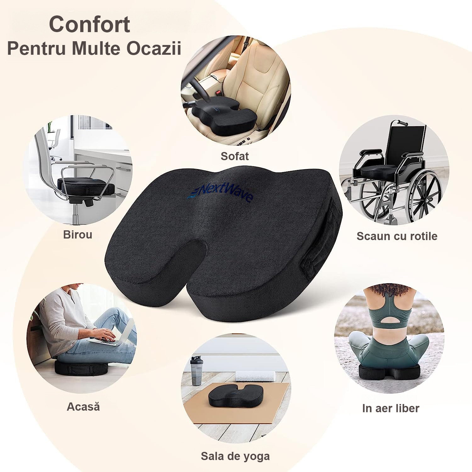 Perna ortopedica sezut NextWave®️, din spuma cu memorie, Coccis
