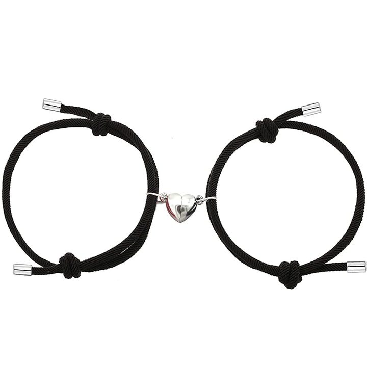 Set 2 bratari cuplu cu magnet inima, tip sfoara, reglabile, lucrate manual, Negru