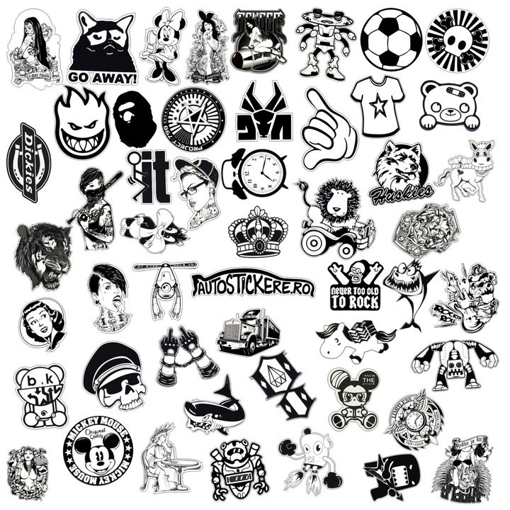 Set Stickere, 50 bucati, waterproof, Rock alb-negru