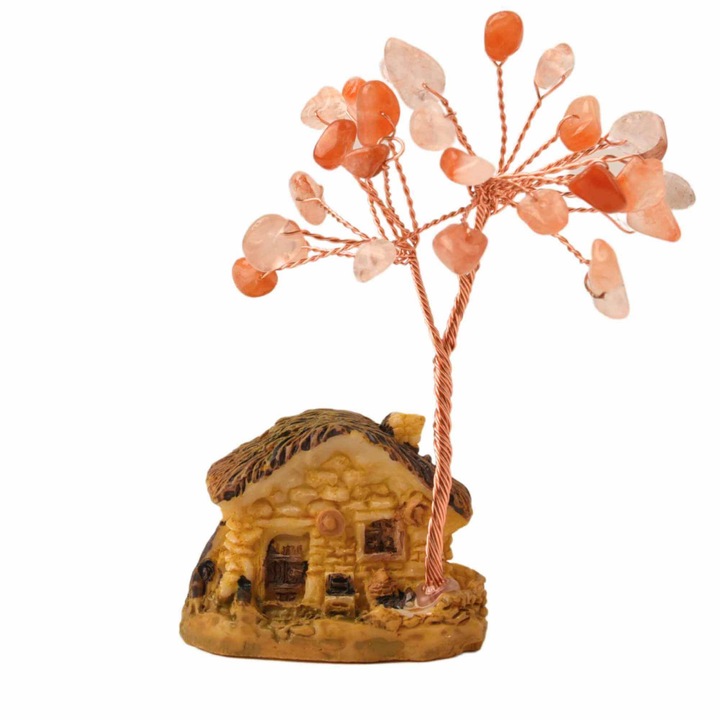 Figurina casuta cu ramuri din cristale naturale Agat Rosu - Decoratiune interior sau exterior, pentru casa, birou, acvariu