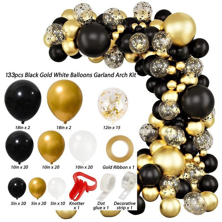 Set Arcada Baloane Premium ，BOMSTOM ，133 Piese (4 Tipuri Baloane + Accesorii Complete) ，Materiale Rezistente la Spargere ，Asamblare Rapida fara Efort ，Design Elegant Negru/Auriu ， Perfect pentru Nunti, Botezuri si Evenimente Specialetreceri/aniversari