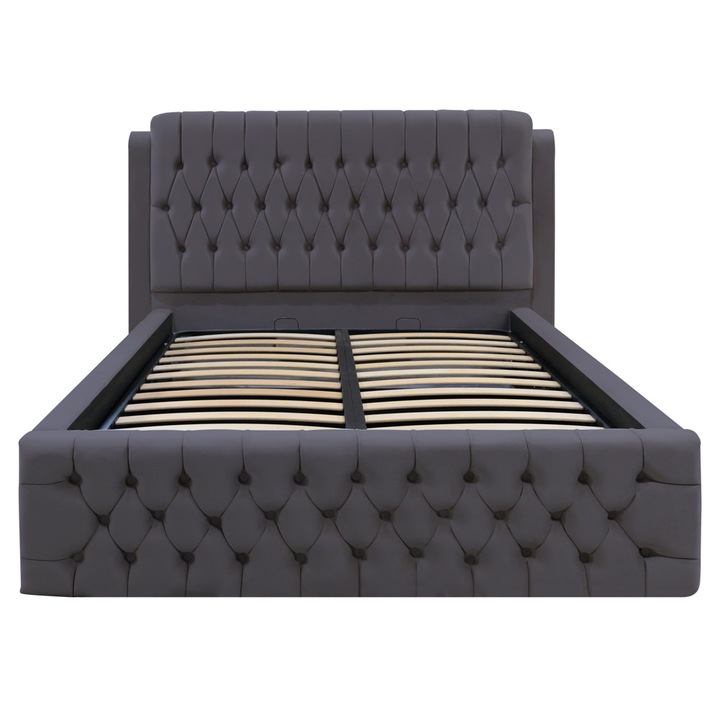 Pat dublu tapitat Olympia, 180/200, gri inchis, cu somiera metalica rabatabila si spatiu de depozitare