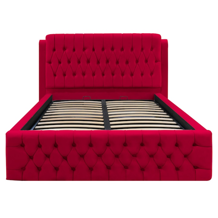 Pat dublu tapitat Olympia, 180/200, rosu, cu somiera metalica rabatabila si spatiu de depozitare