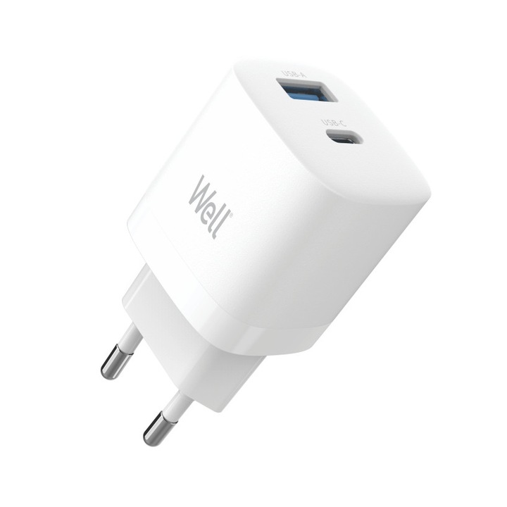 USB Well hálózati töltő, GaN, PD 30W + USB-A 30W, PPS 33W, fehér
