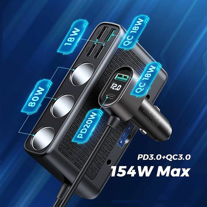 Incarcator auto Joyroom JR-CL06, 5 Porturi USB si 1 Port USB-C, Afisaj LED, 154W, Quick Charge 3.0, Lungime cablu 1m, Negru