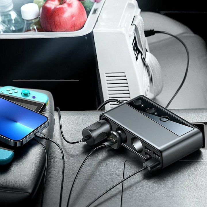 Incarcator auto Joyroom JR-CL06, 5 Porturi USB si 1 Port USB-C, Afisaj LED, 154W, Quick Charge 3.0, Lungime cablu 1m, Negru