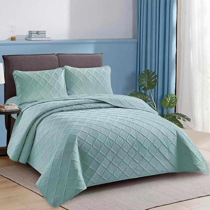 Спално завивка UNI 230x250 см с 2 калъфки за възглавници 50x70 см, ромб, тюркоаз