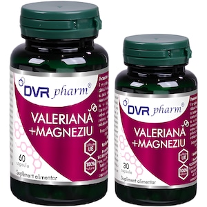 Pachet Valeriana Magneziu, supliment natural pentru stres, insomnie, depresie si anxietate, 2flacoane, 90cps, DVR Pharm